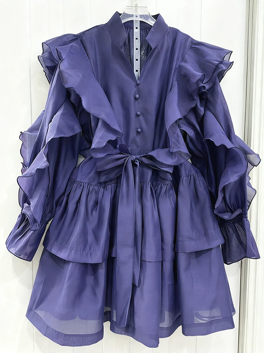 VGH الفرنسية الحلو المرقعة Bowknot فستان قصير للنساء الخامس الرقبة طويلة الأكمام عالية الخصر الكشكشة فساتين الشيفون الإناث ربيع جديد