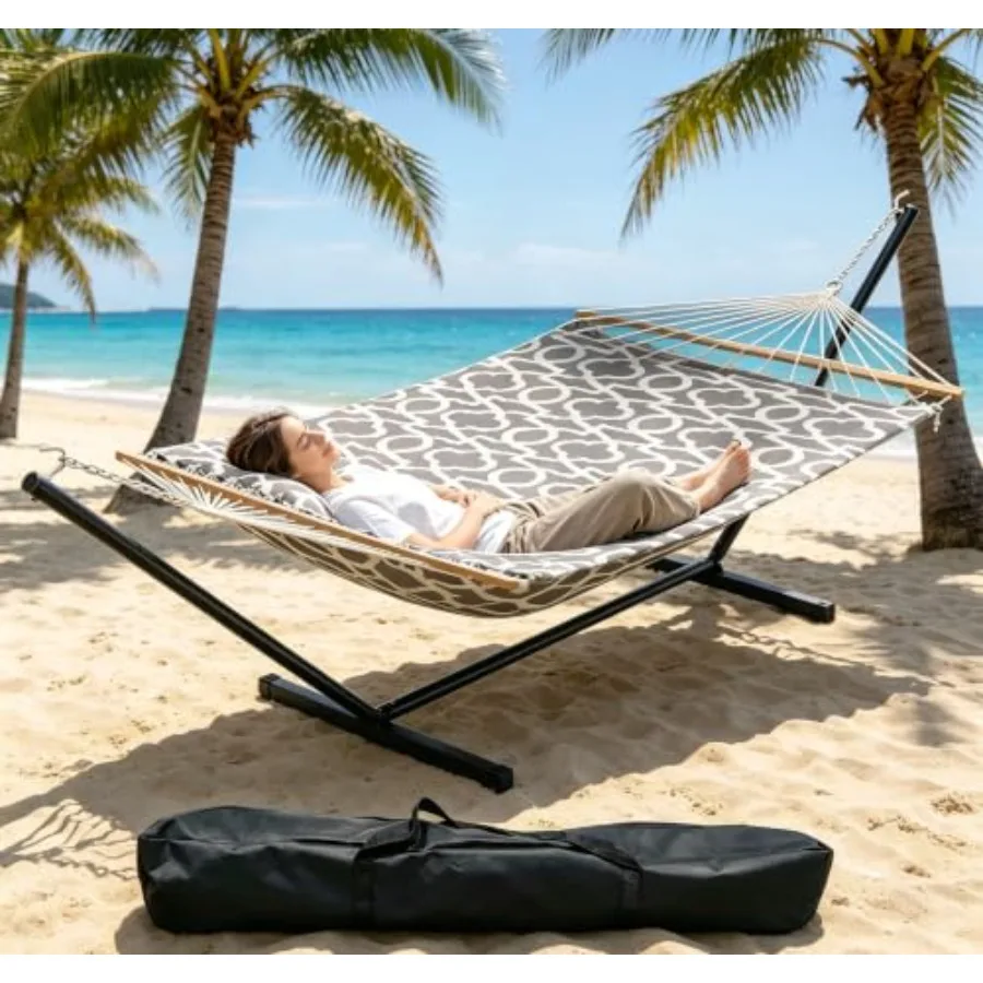 2 Person Hammock with Stand for Patio Garden Camping, Heavy Duty Light Grey Fabric, 475 lbs Capacity, Freestanding Portable Des