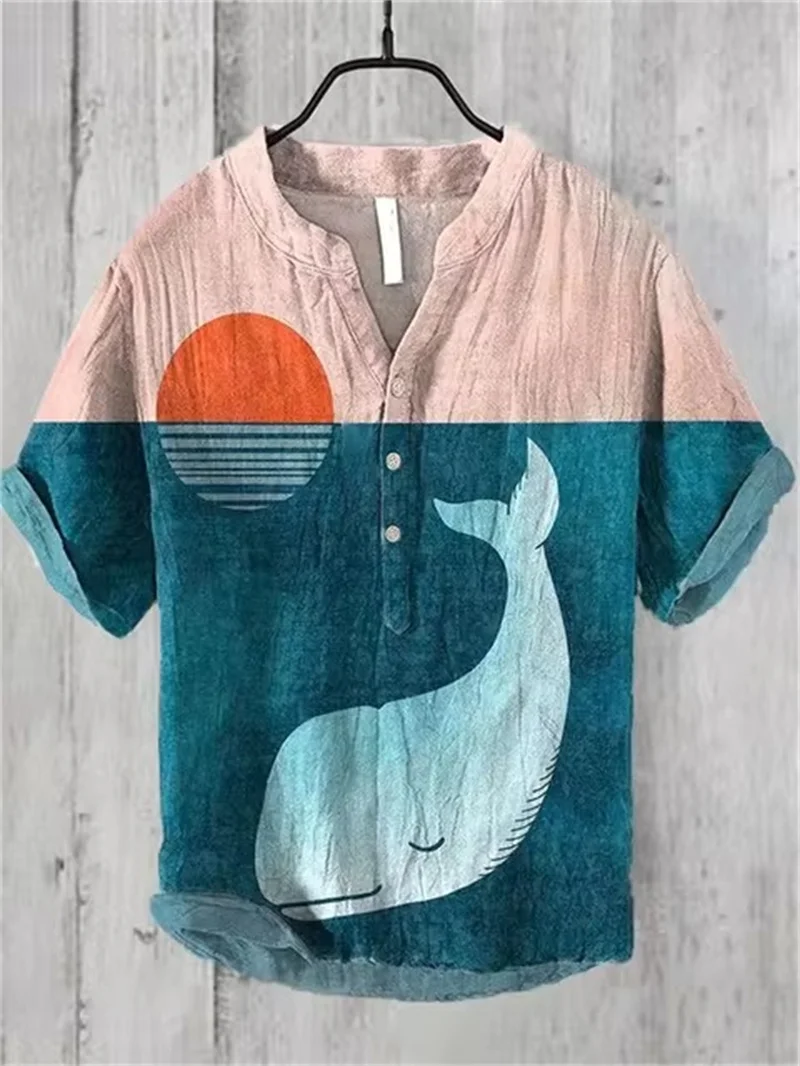 2024 New Men's Shirt Japanese Classical Art 3D Printing Linen Short Sleeve Shirt Hawaiian Style Button Henry V Neck Shirt