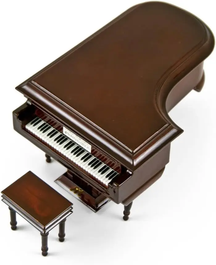 18-Note Miniature Grand Piano Music Box with Jewelry Compartment, High-Gloss Brown Finish and Bench, White Christmas