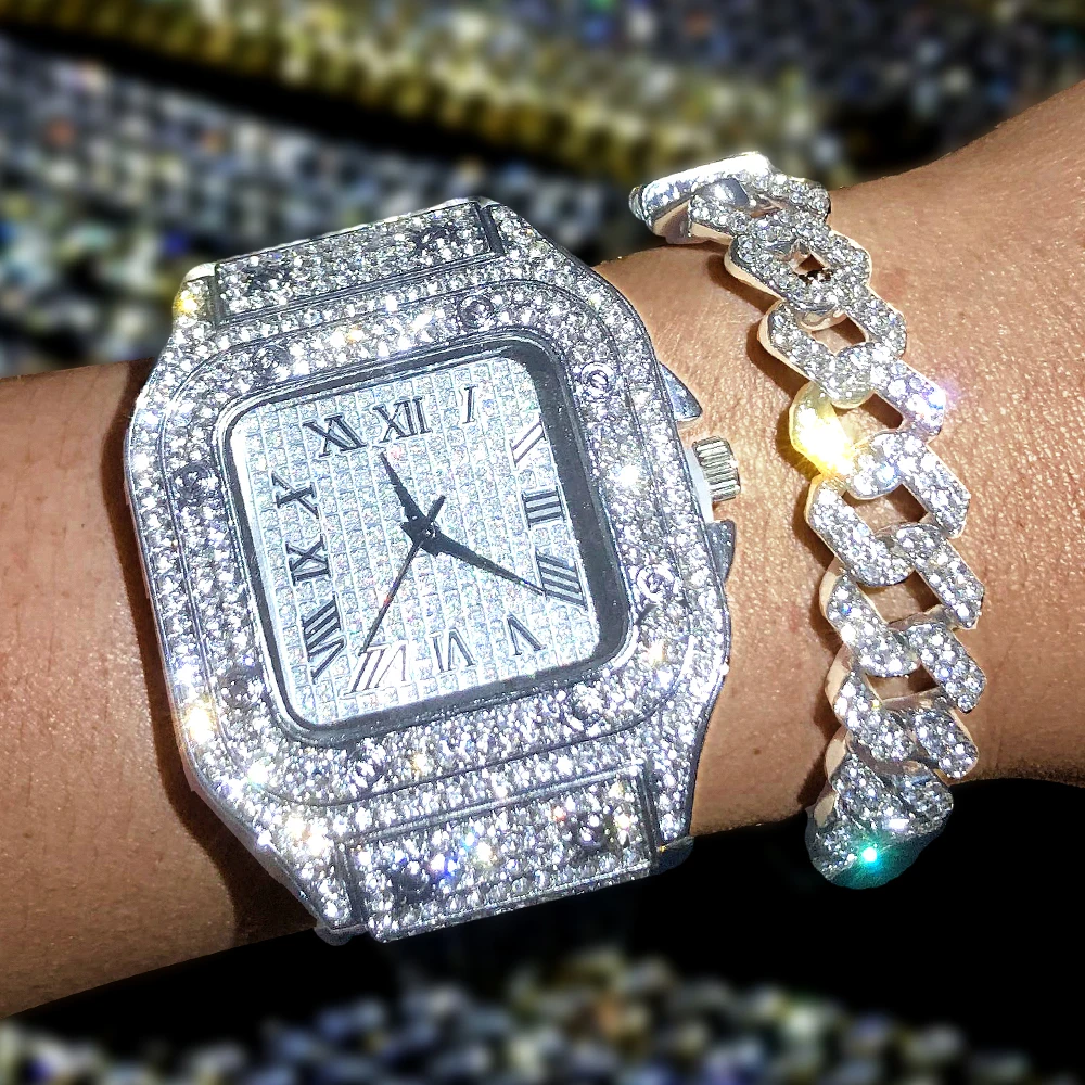 Luxury Moissanite Iced Out Watches Hip Hop Bust Down Unisex Diamond Watch, Stainless Steel Moissanite Studded Wrist Watch