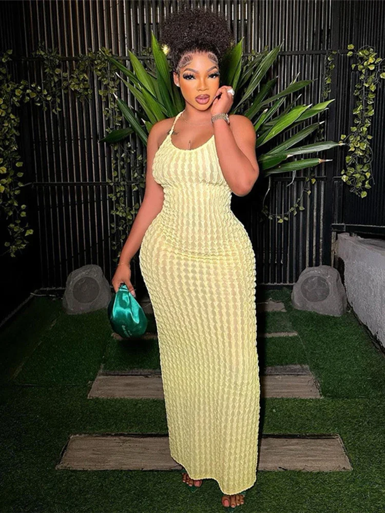 فستان ماكسي مثير بحمالات رفيعة مكشكش وحزام سباغيتي فستان نسائي غير رسمي بدون أكمام وظهر مكشوف فساتين حفلات للسيدات