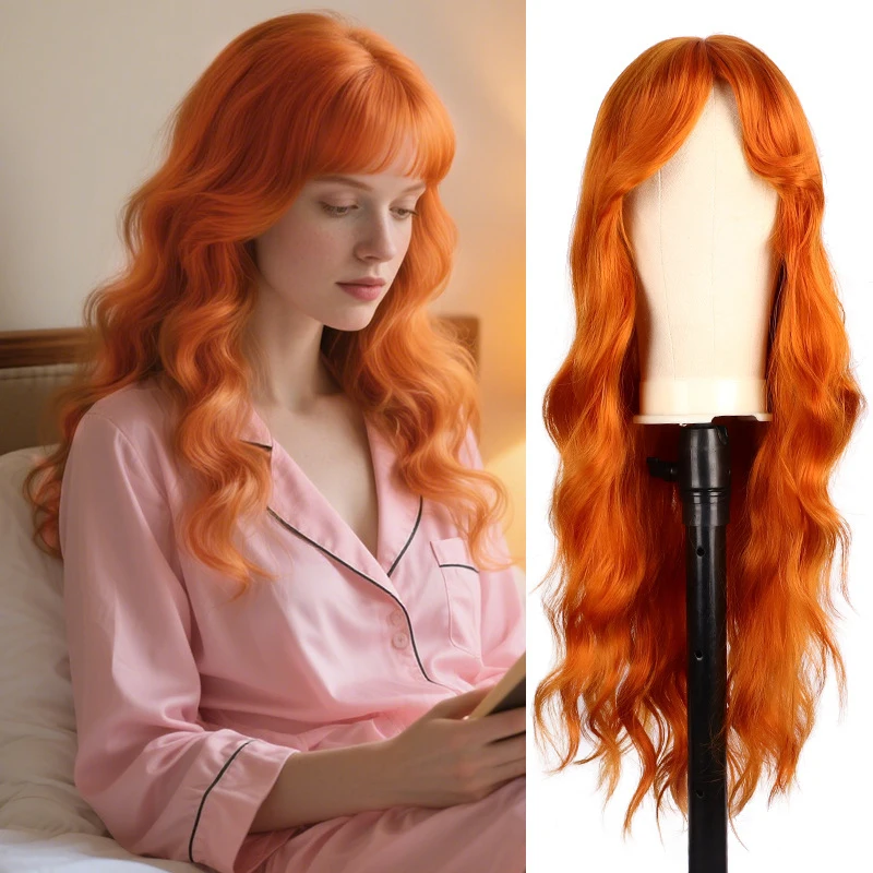 

European and American style women's orange long curly wavy synthetic fiber , large wave machine-made wig