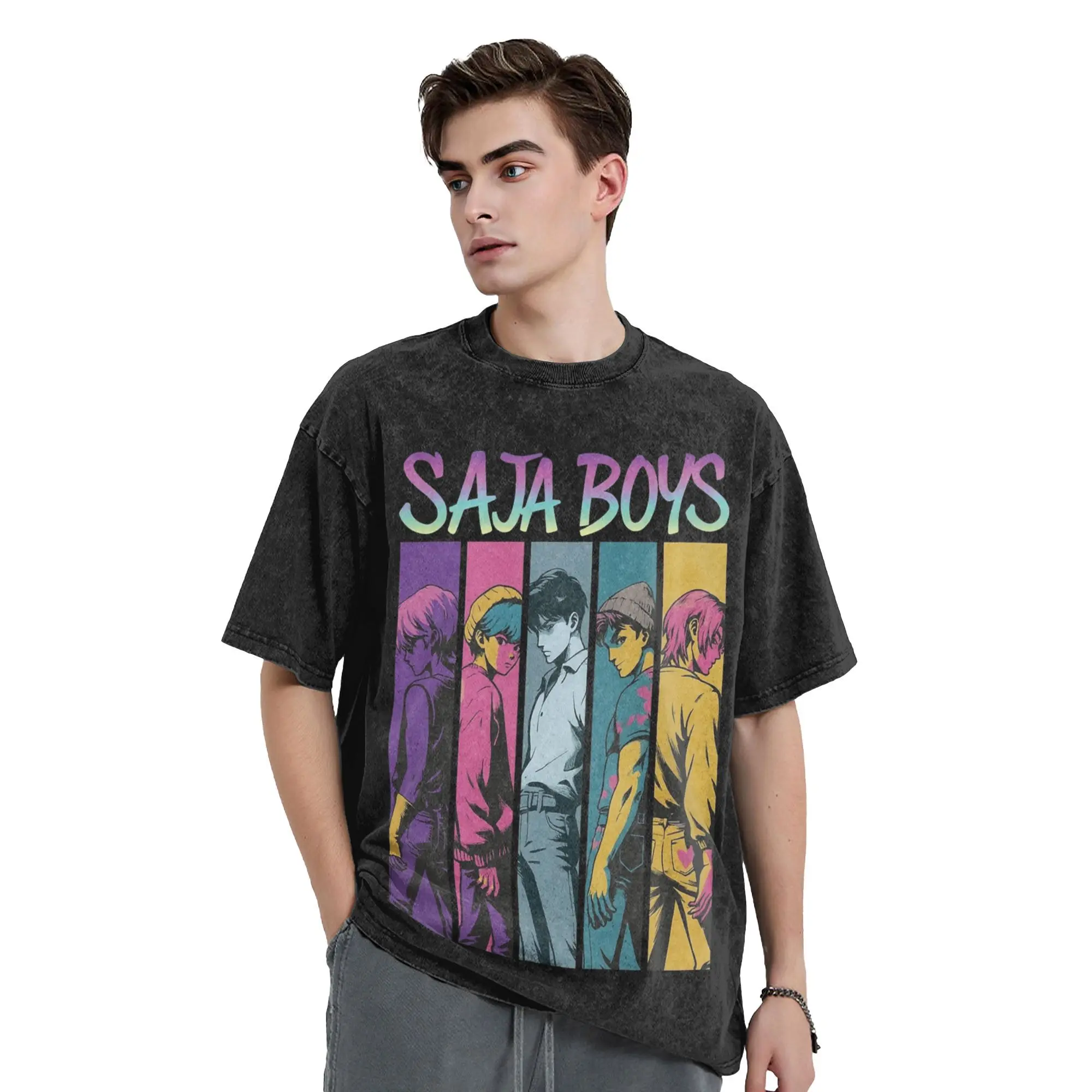 

KPop Demon Hunters Saja Boy Washed футболка уличная винтажная футболка футболка для мужчин и женщин 100% хлопок оверсайз с графическим принтом