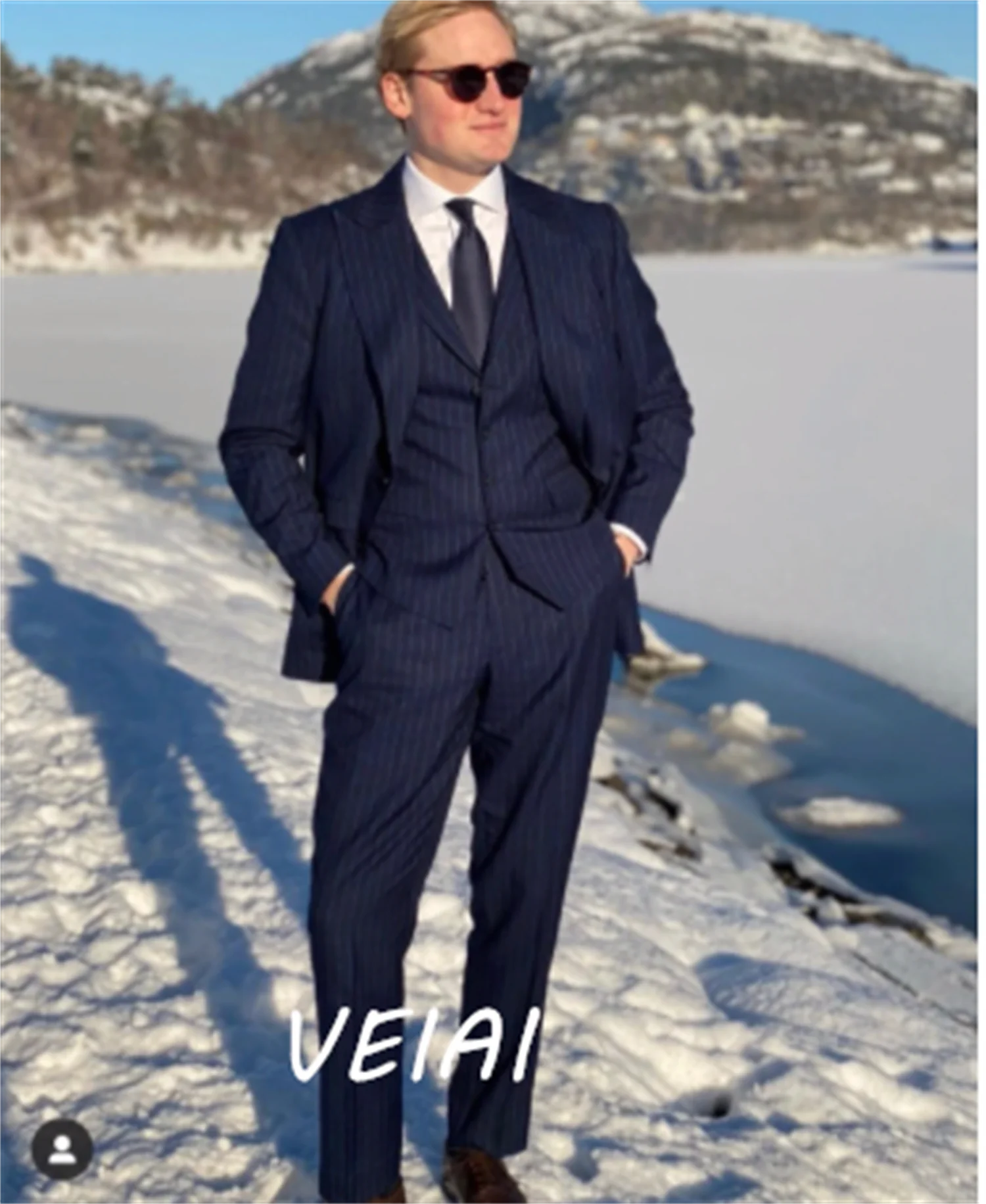 

CustomizedDark Blue Stripe Men Suits for Business 3 Pieces Formal Groom Wedding Tuxedo Terno Slim Fit Prom Blazer (Jacket+Pant+V