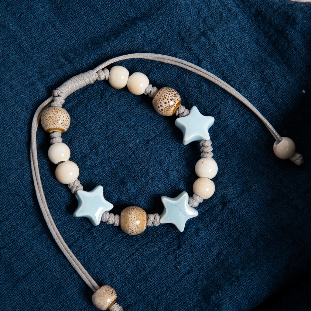 Handgewebtes weißes und blaues Keramikperlenarmband, verstellbare Wachsschnur, böhmischer Ethno-Stil, handgefertigter Schmuck für Paare und Freunde
