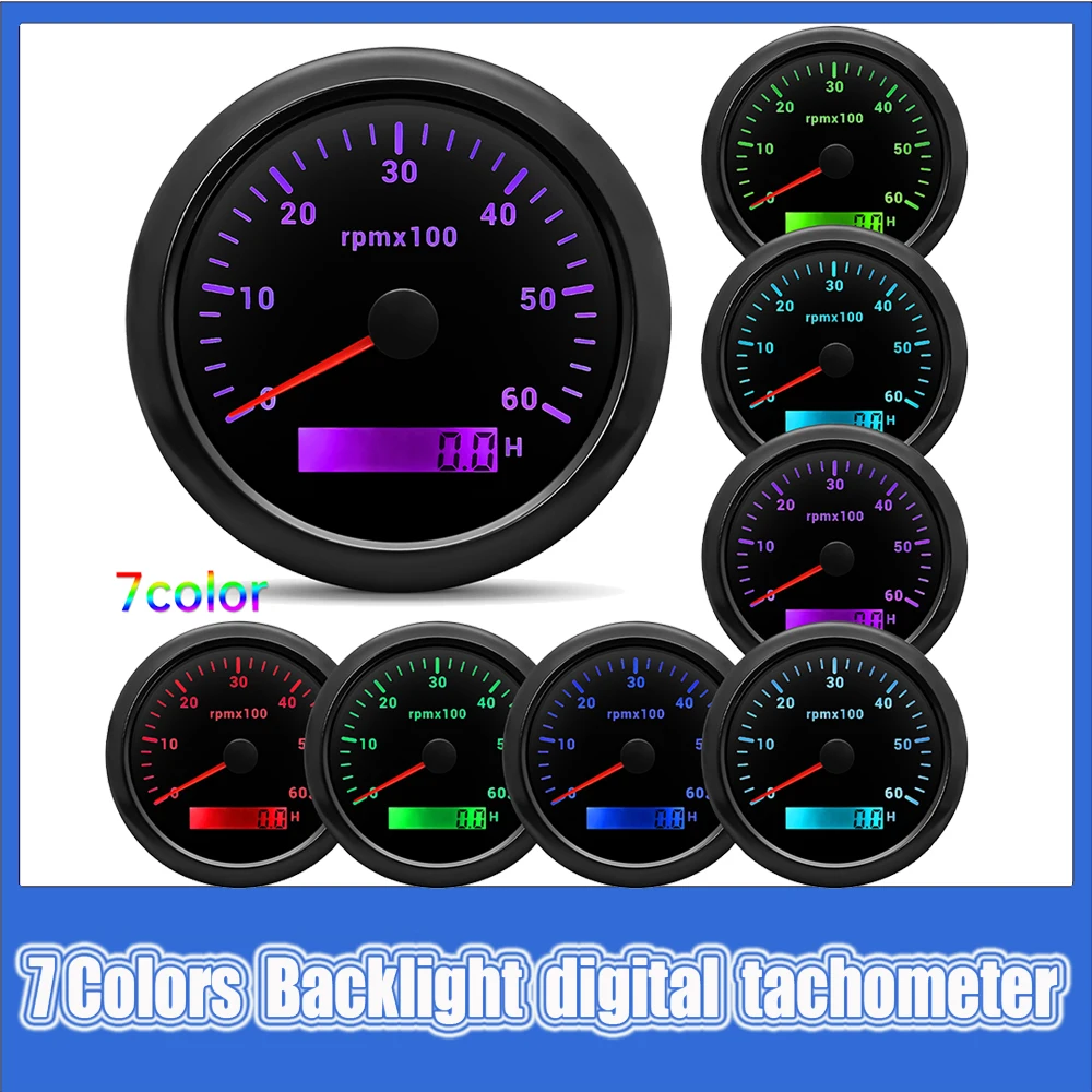 Boat Tachometer 3000-8000rpm LCD Hour Meter Digital Tachometer 7Colors Backlight 85mm Speed Tachometer for Auto Boat Yacht RV