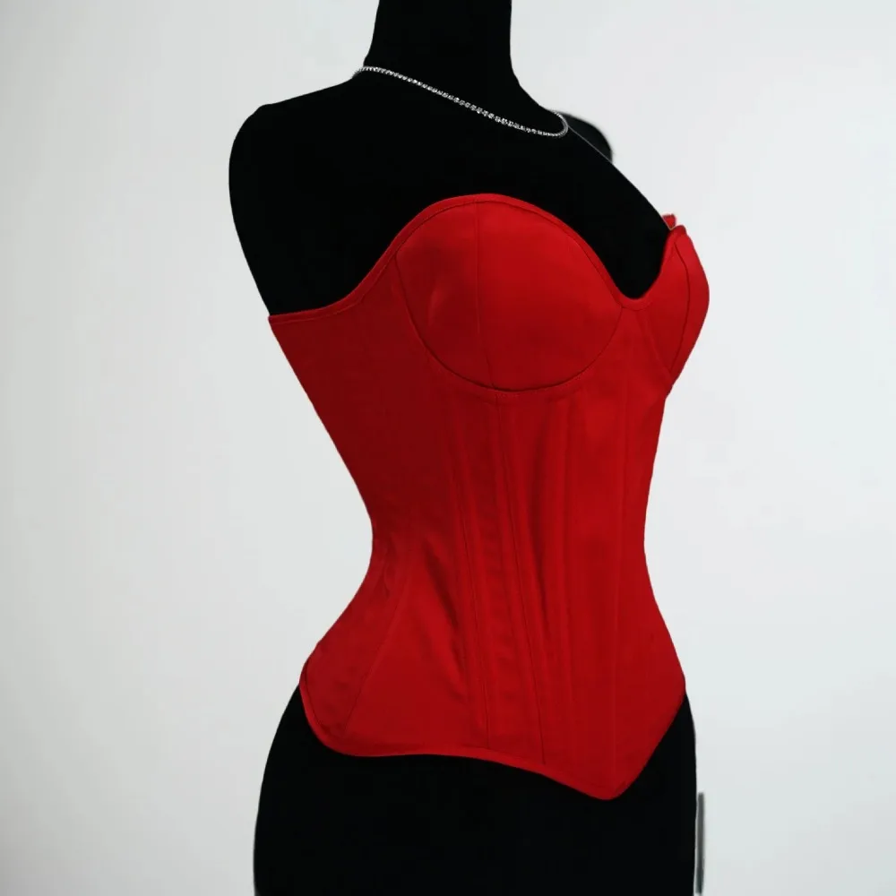 

Women Corset Bustier WIth Cups Overbust Vintage Bodices Tight Lace Up Double Boned Shaping Tops Waist Chinner Wedding Satin Red