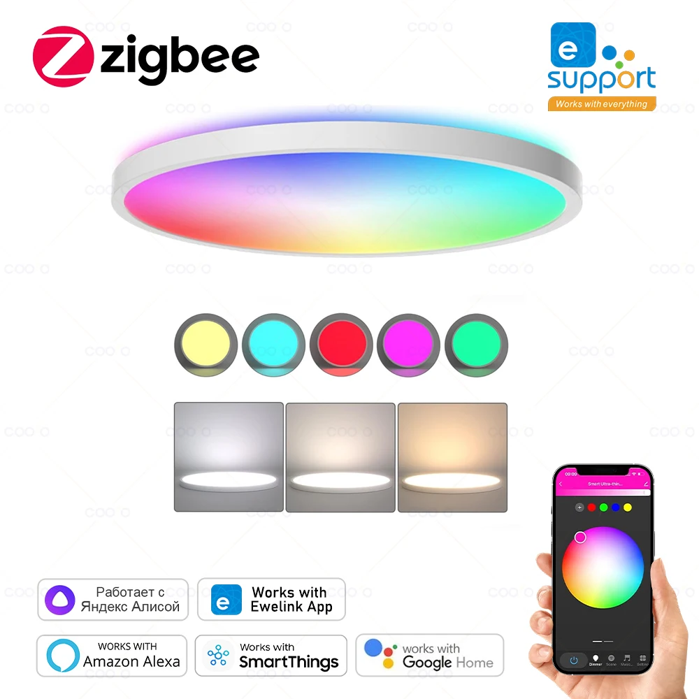 Zigbee Ultra-thin Round LED Ceiling Light RGB CW Dimming Bedroom Lighting 24W Smart LED Ceiling Lights for Alexa Google