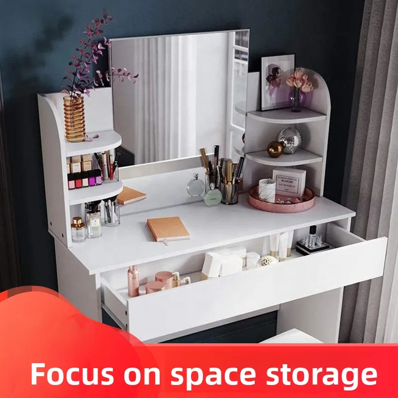 طاولة زينة مصنوعة من مادة خشبية، مقعد مرآة، ضوء ED، طاولة زينة قابلة للتعديل، كبيرة