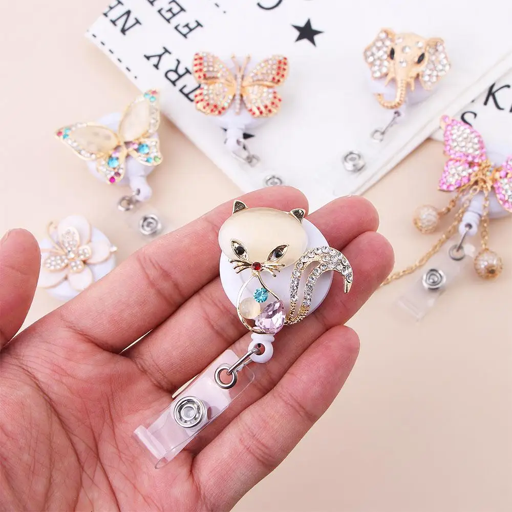 Cute Crystal Chest Card Elephant Work Card Clips ID Card Clips Hospital Badge Holder Retractable Badge Reel Nurse Badge Clip