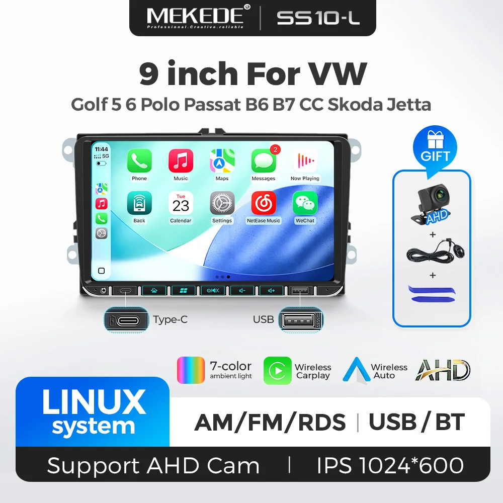 Image of MEKEDE EU-Lager 9 Zoll Linux-System Autoradio für VW Volkswagen Golf 5 6 Touran Passat B6 Polo Jetta Sharan Seat Skoda Kabelloses CarPlay Android Auto Intelligentes Autosystem mit 7-Farben-Beleuchtung