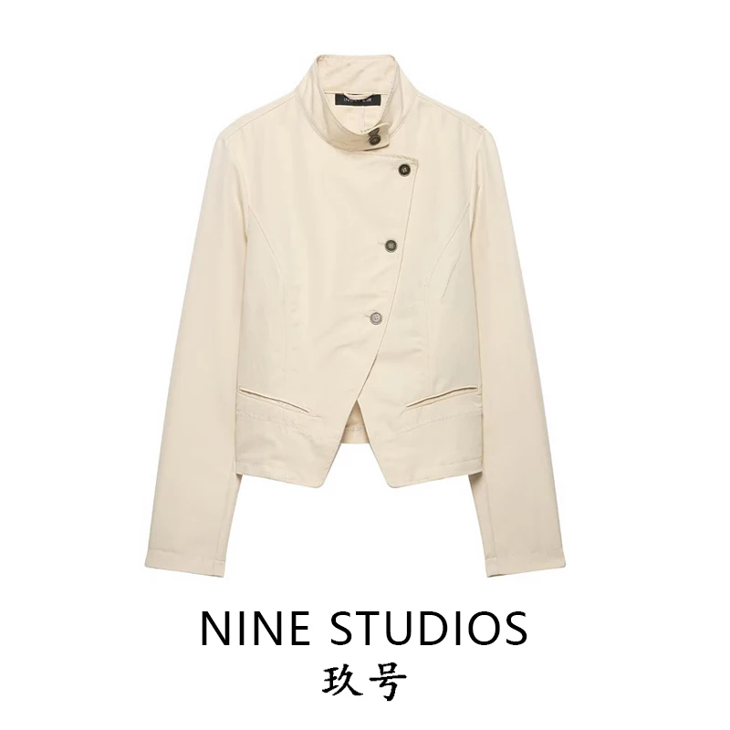NINE ZAR Women's Tailored Jacket with Slant Buttons Stand Collar Long Sleeve Coat Standard Fit European Style Winter Outerwear