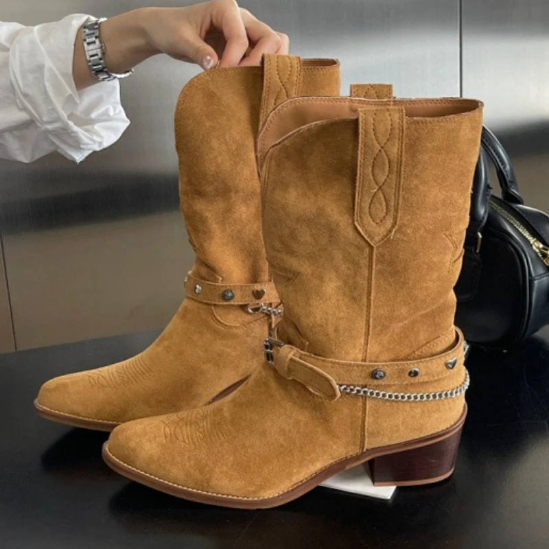 

Retro Rivet Belt Buckle Ankle Boots Women Fashion Metal Chain Chunky Heel Designer Boots High Quality Faux Suede Mid Calf Boots