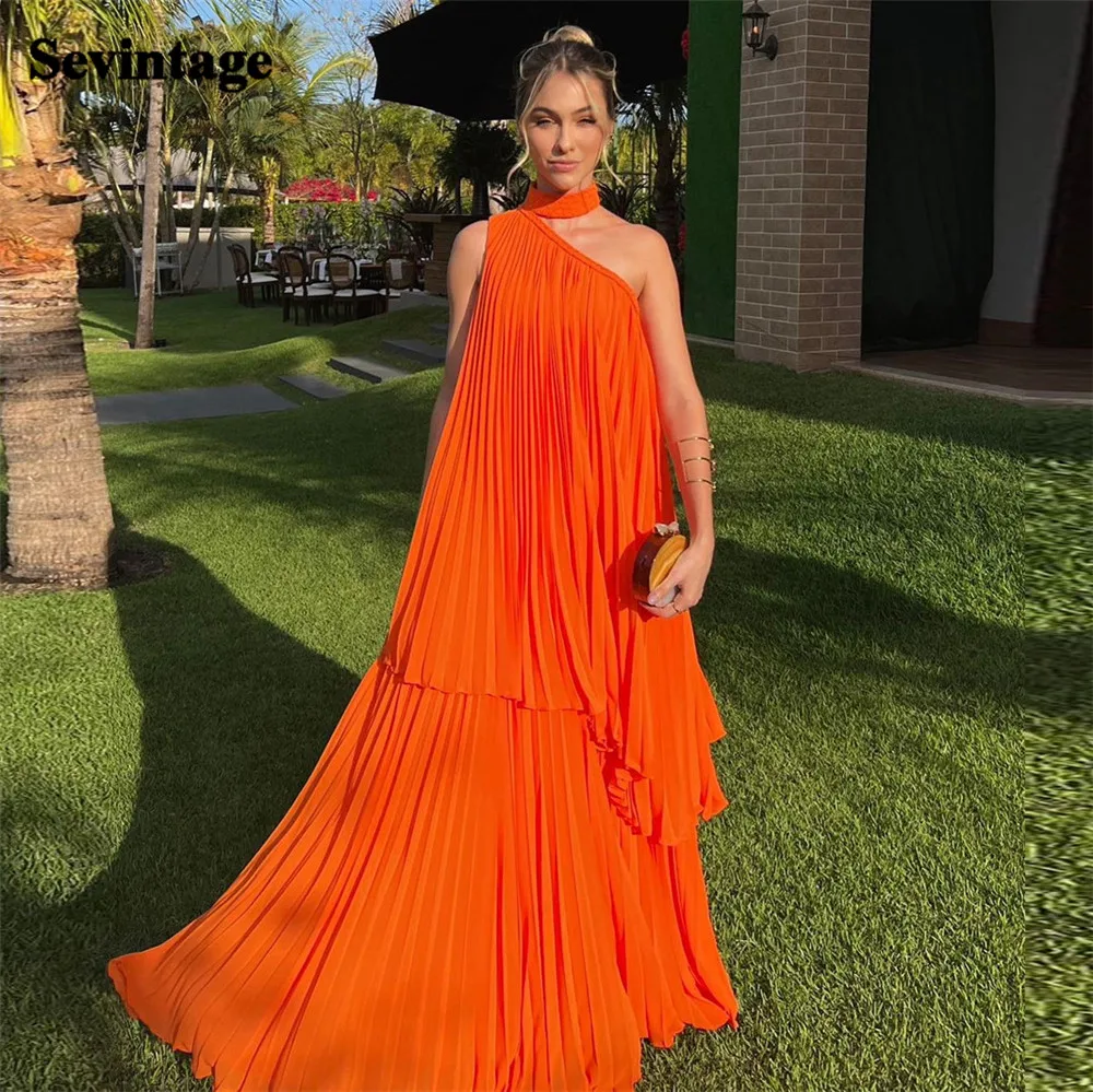 Customized Modest Orange Chiffon Evening Dresses Halter Tiered Pleated Sleeveless Prom Dress Floor Length Vestidos De Gala 2023