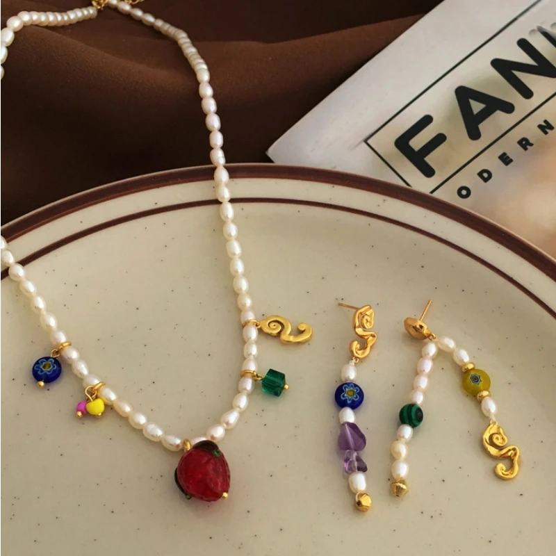 

2025 Autumn Winter Breeding Pearl Strand Necklace Temperament Colored Glass Stone Earrings Ins Style Asymmetric Earrings Set Ins