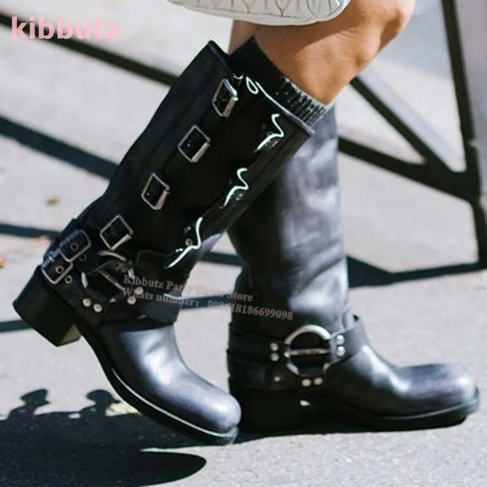 Belt Buckle Cowboy Rider Boots Knee High Vintage Western Genuine Leather Round Toe Square Toe Solid Slip-On Fashion Sexy Shoes