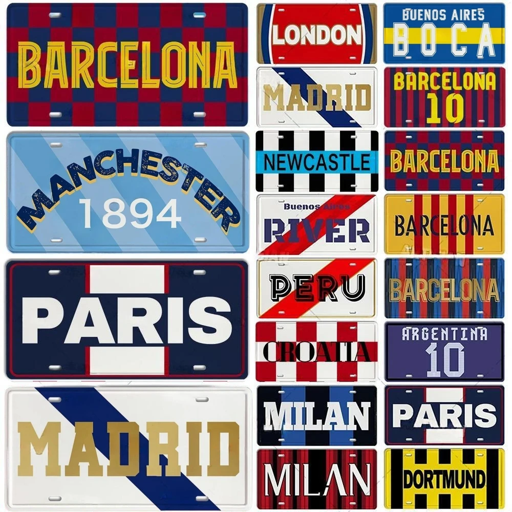 Placa de Alumínio Vintage de Cidades: Barcelona, Milão, Madrid, Liverpool, Manchester, Tottenham - Placa Decorativa de Metal para Carro ou Parede