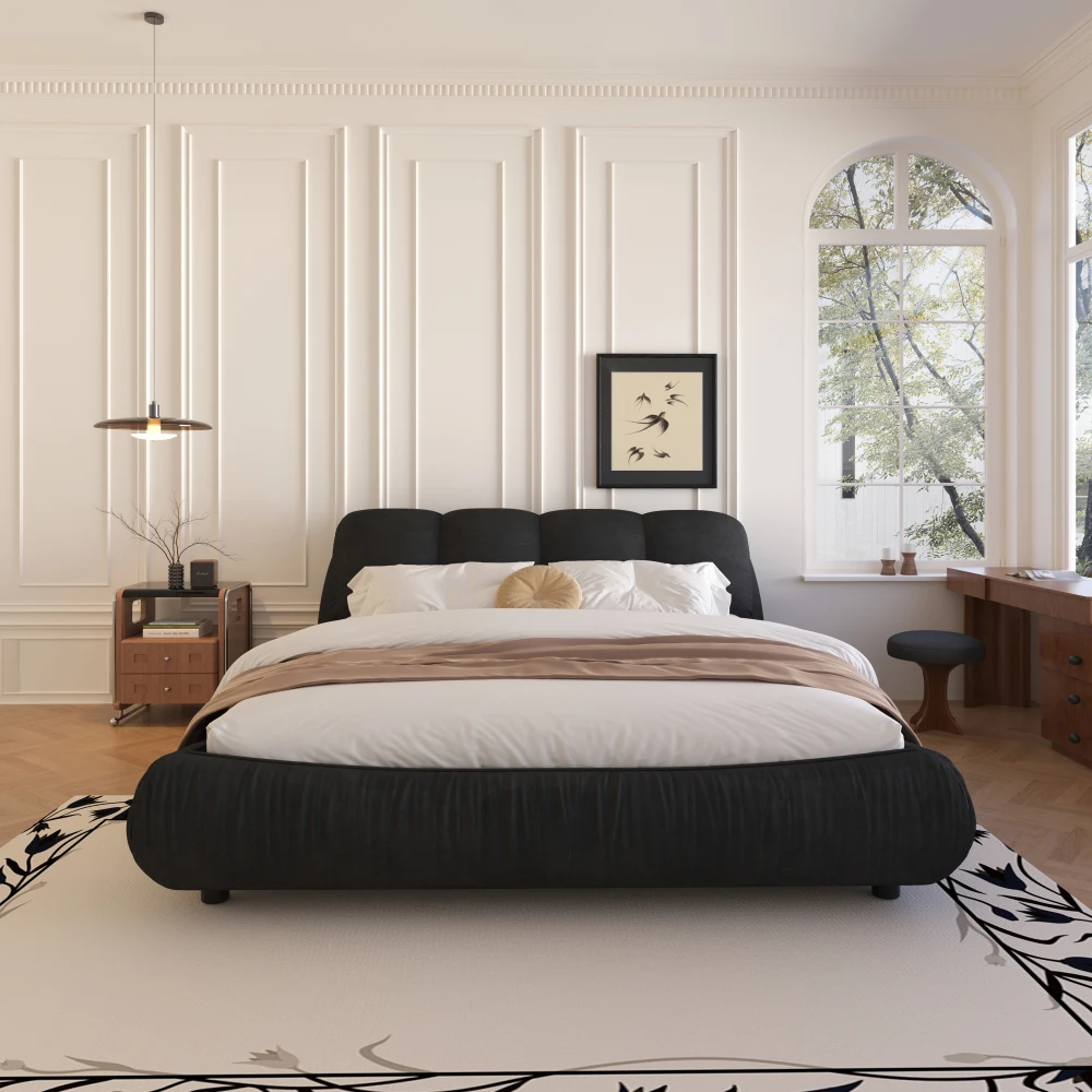 

Queen Size Upholstered Platform Bed with Oversized Padded Backrest and Solid Wood Frame,suitable for Multiple heights of ,Black