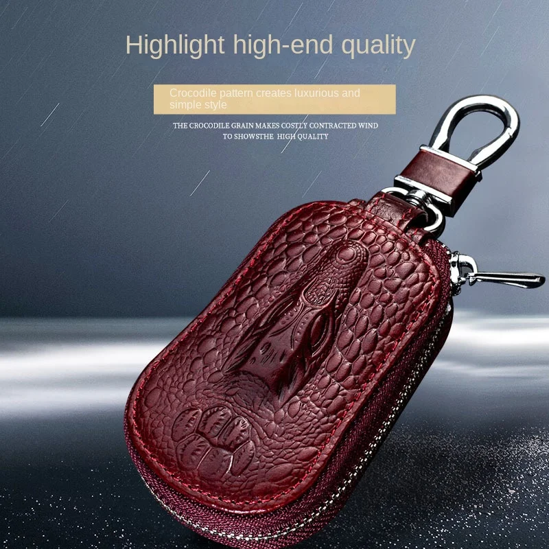 Genuine Leather Crocodile Pattern Zipper Cover Cowhide Car Key Wallet Case Mini Waist Trailer Key Bag Unisex with Metal Buckle