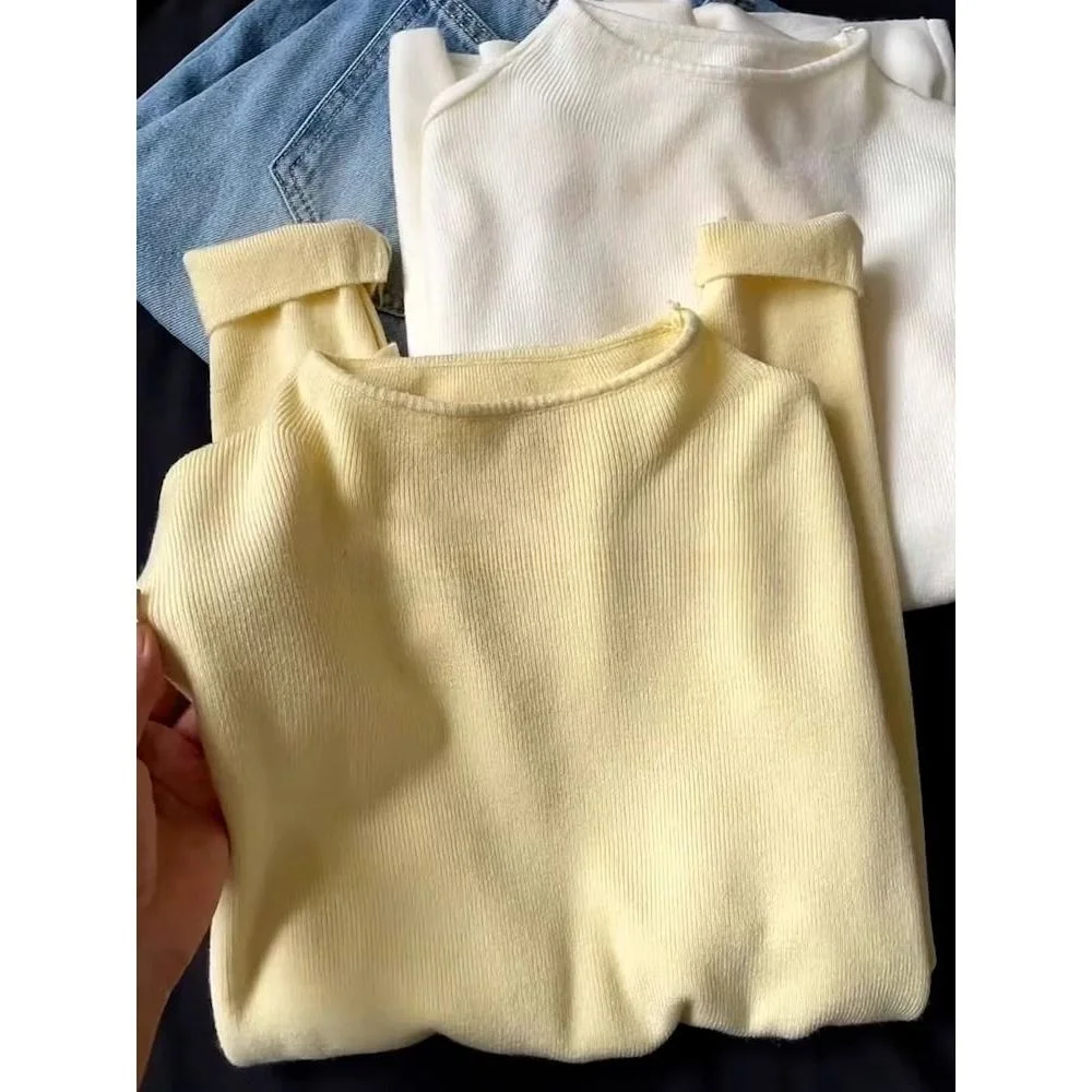 

Slim Fit Long Sve Knitted Sweater Women's f High Collar Pure Color Inner Wear Base irt Spring Autumn Design Sense