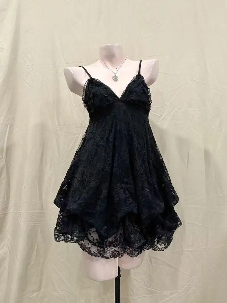 

2000s Gothic Vintage Mini Dress Women Sleeveless Strap Party Dress Evening Lace Retro Cltohing Japanese Y2k Black Chic