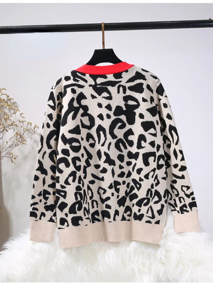 Cardigan for Women Autumn Leopard Pattern Women's Sweater Oversize Knitted Coat V-neck Loose Thick Cardigan Female 2024