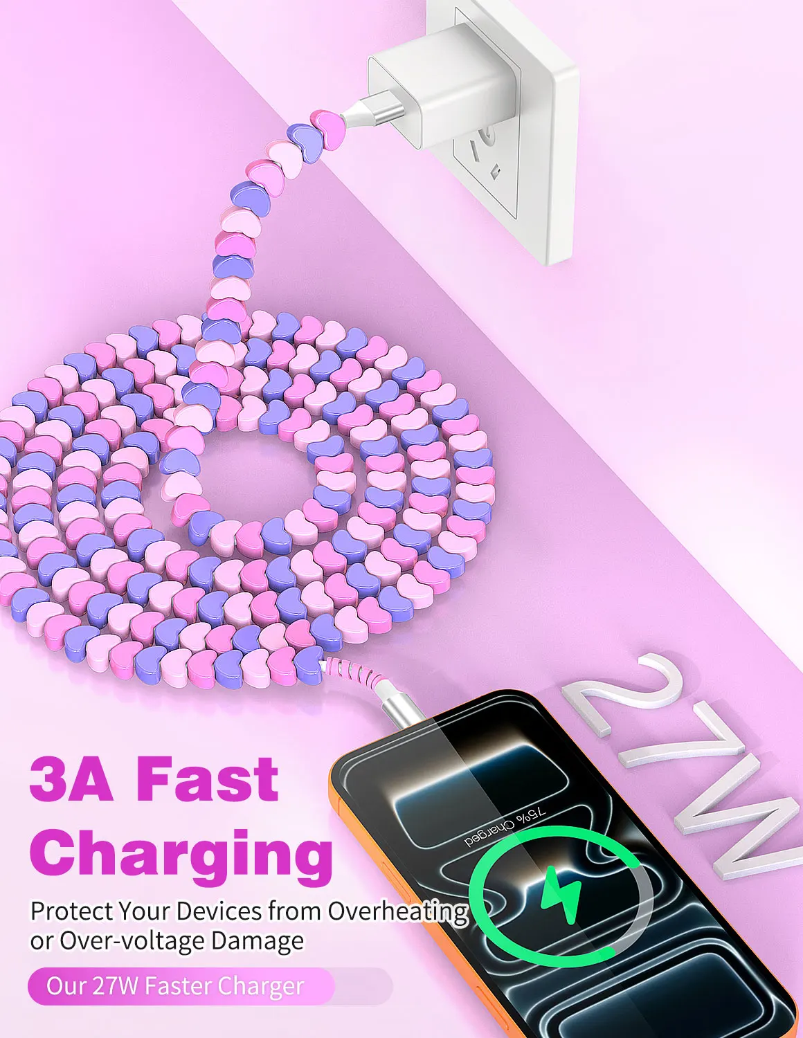 Colorful Beaded USB C Cable 3.3ft USB A to Type C Fast Charging Data Transfer Cord for iPhone 17/16/15 Samsung S26 Girls Gift