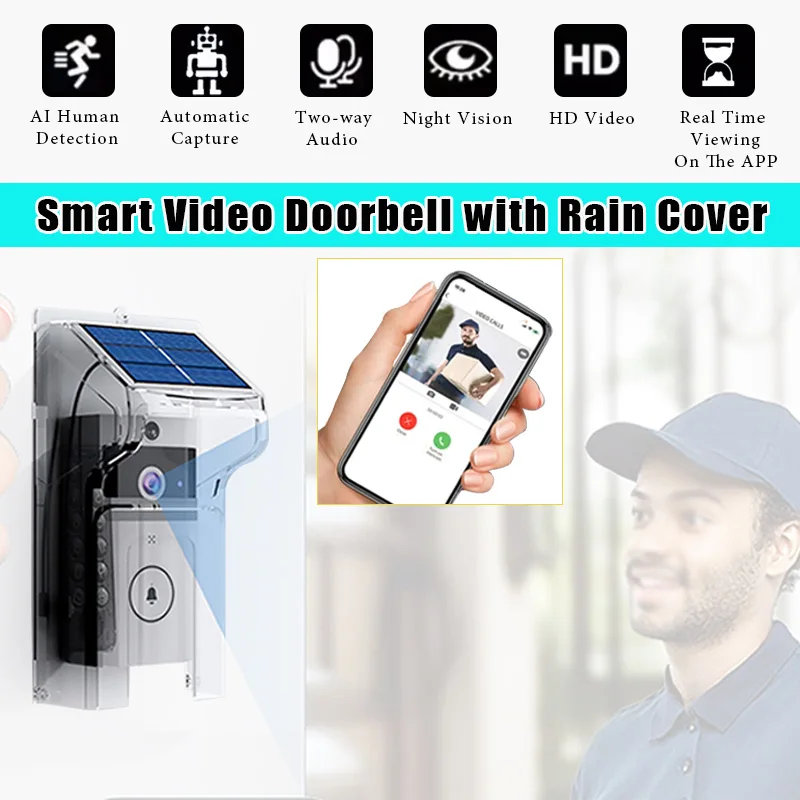 Outdoor Wireless Doorbell with Solar Cover Camera Mobile App Wireless Wifi Remote Control Home Surveillance Video Intercom