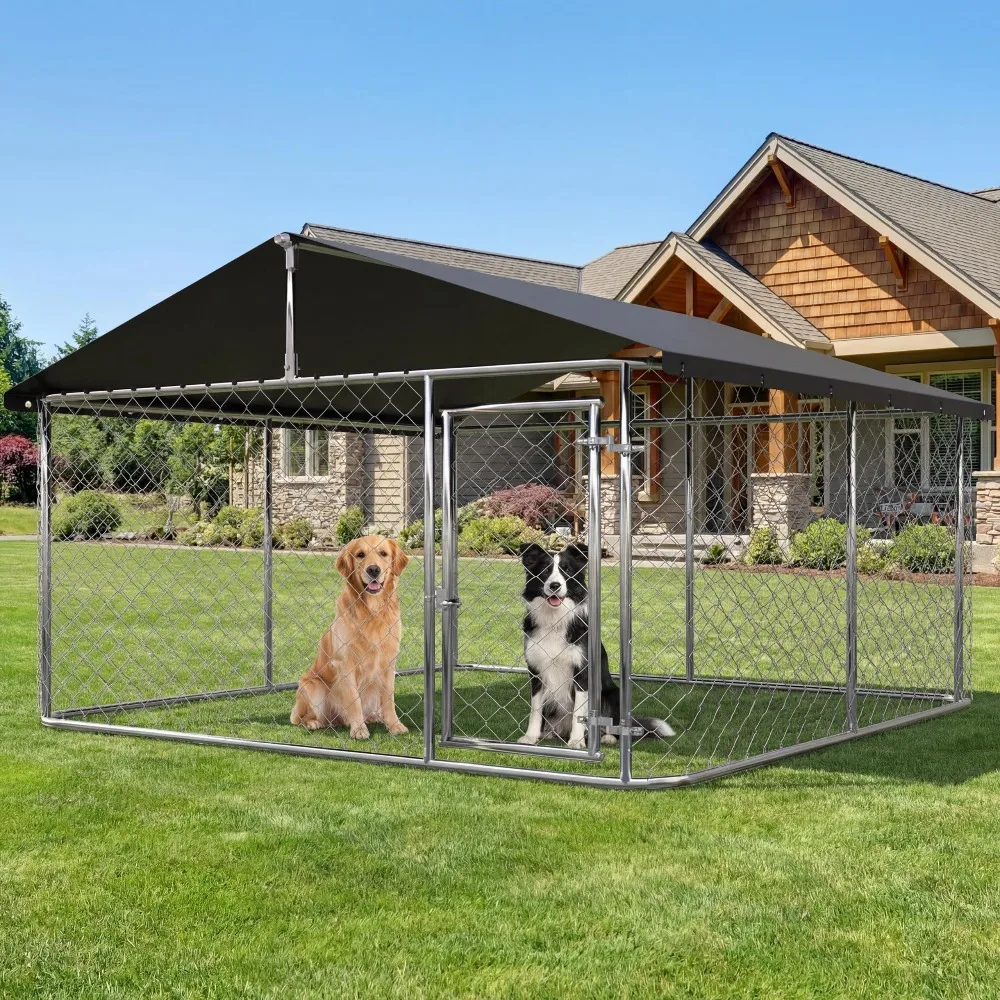 Large Outdoor Dog Enclosure,Heavy Duty Dog Kennel with Roof,Galvanized Steel Dog Cage Fence with Double Safety