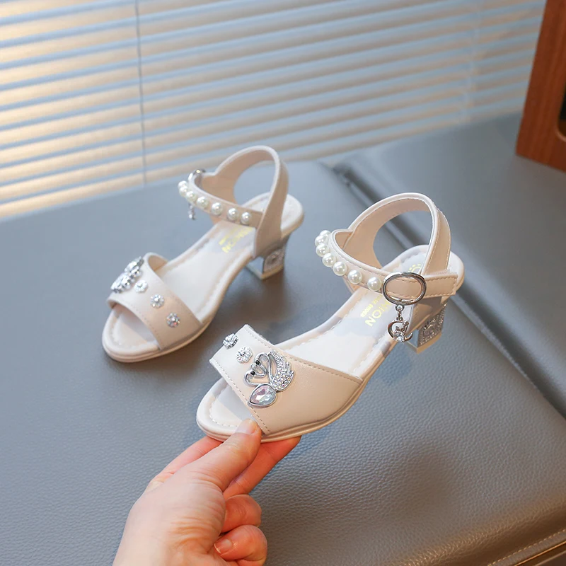 Summer Girls Sandals Children Beach Sandals Swan Floral Party High Heels Princess Shoes Non-slip Soft Sole Kids Dance Shoes