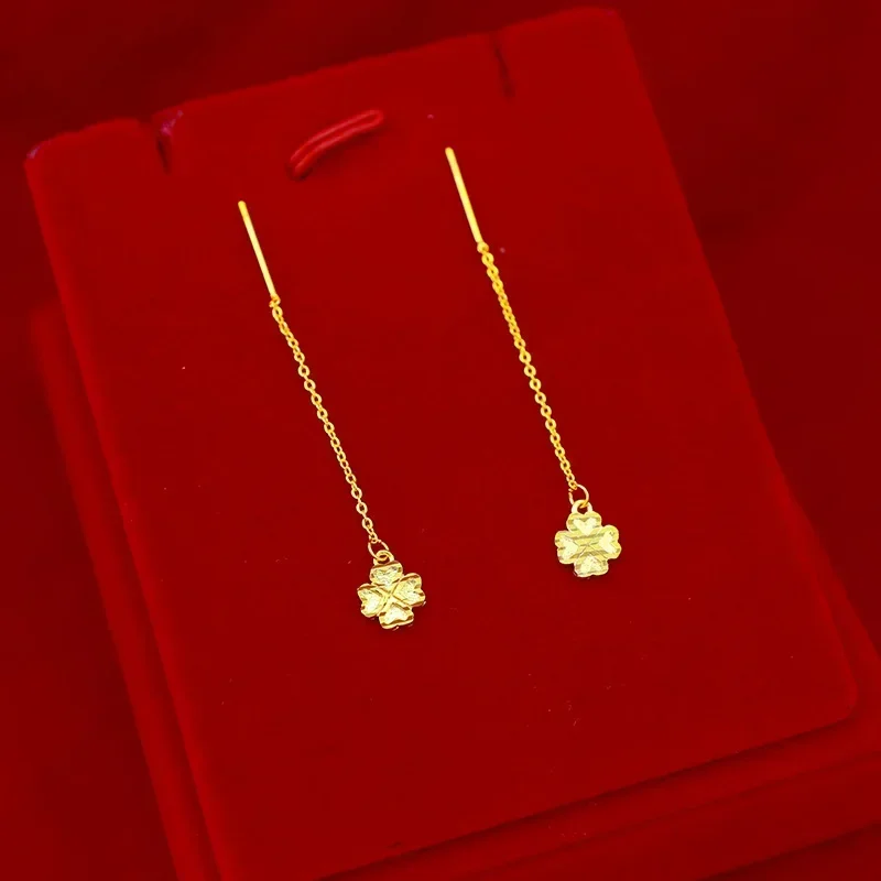 

24K Yellow Gold Four-leaf Earring, 999 Real Gold Clover Earring Ladies Fashion Jewelry for Women Wedding Christmas Gifts