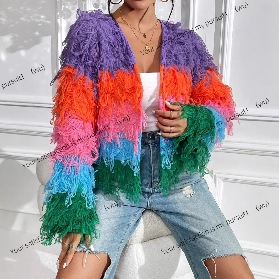 

New tassel gradual change cardigan European and American women's clothing lazy fashion versatile knitted sweater