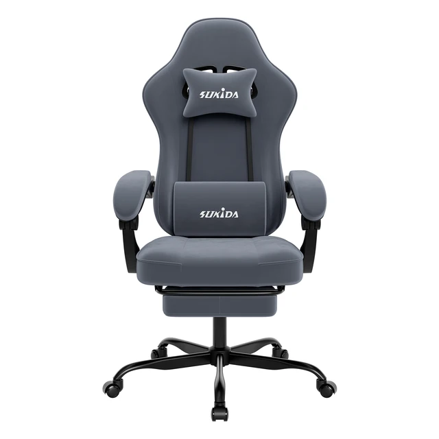 Krzesło gamingowe SUKIDA z podnóżkiem, krzesło PC w stylu krzesła wyścigowego, ergonomiczne krzesło biurowe z regulacją i podparciem lędźwiowym