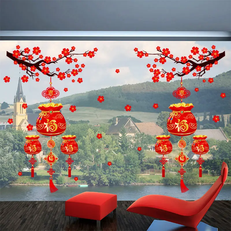Chinese New Year Window Clings, Red Plum Blossom & Fu Money Bag Static Stickers for Spring Festival Home Decor