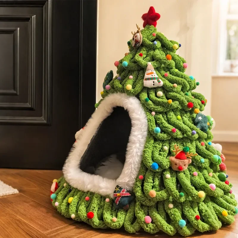 for Finished Christmas Tree Cat Nest Handwoven Closed Security Winter Warm Pet Bed Sleeping House for Puppy