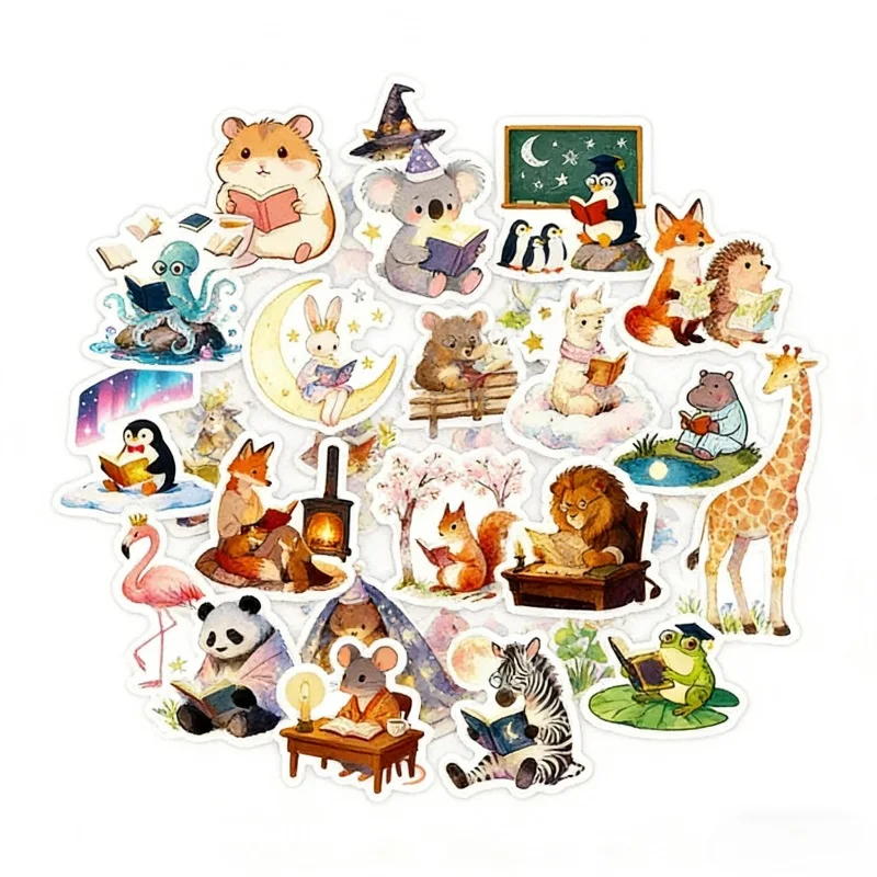 10/30PCS Cartoon Animal Reading PVC Adhesive Sticker DIY Laptop Luggage Skateboard Colored Decoration Scrapbooking for Kids