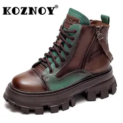 Koznoy Women Boots 6cm New In Genuine Leather Wedge Ankle Mid Calf Ethnic ZIP Platform Moccasins Autumn Spring Mixed Color Shoes