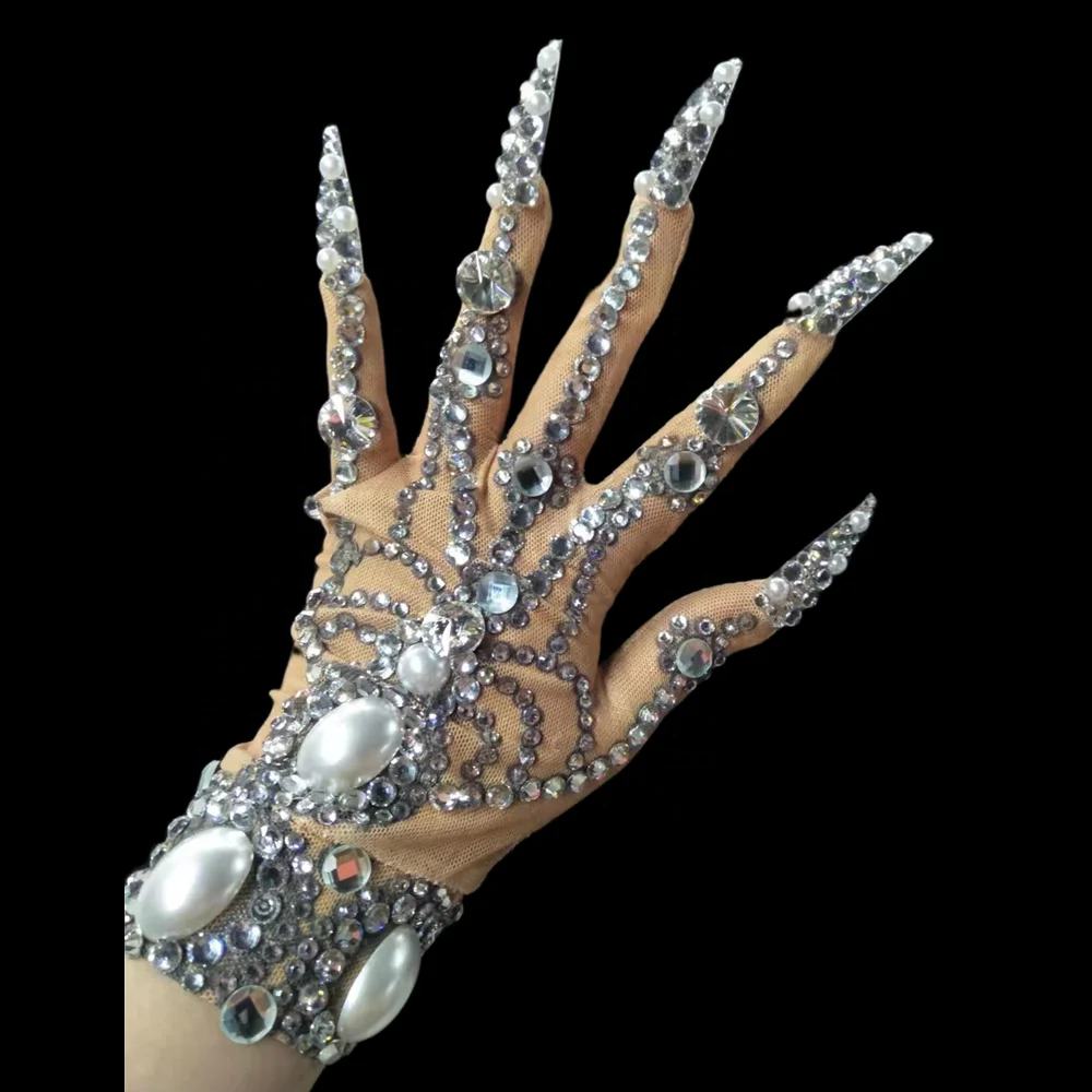 Sexy  Rhinestone Gloves Stretch Crystal Pearls Stage Performance Short Gloves Ladies Show Women Night Club Party Prom Long Nail