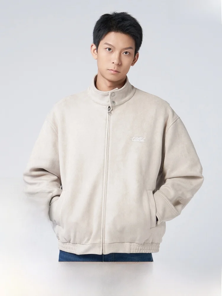 

Retro American Suede Jaet with Ba Pleats Stand Collar for Couples Autumn Winter Outerwear Warm Polyester Fabric Long Sve