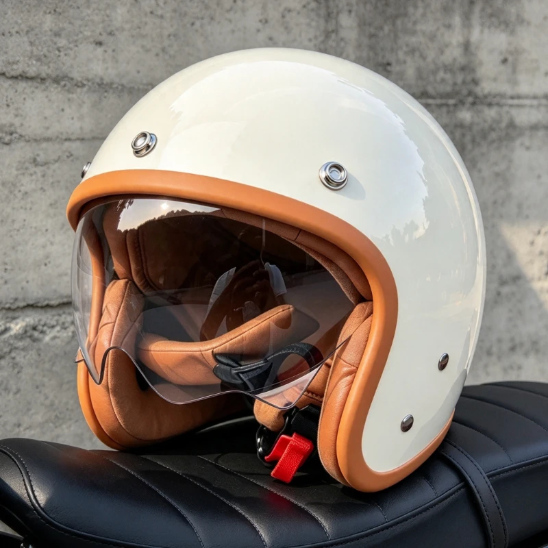 **Retro White 3/4 Open Face Motorcycle Helmet Vintage Bright Shell Built-In Sun Visor Comfort Liner Scooter Cruiser Helmet Casco