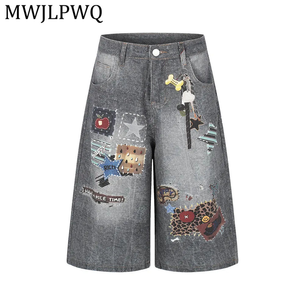 MWJLPWQ 3D Digital Print Vintage Distressed Denim Shorts Male Loose Straight Fit Summer Washed Casual Mid-Length Shorts 15683