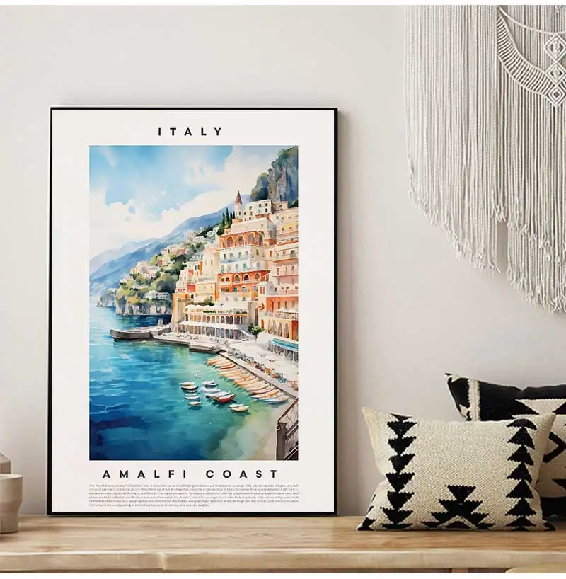Retro Watercolor Italy Travel Coastal City Naples Amalfi Venice Landscape Poster Canvas Painting Wall Art Pictures Home Decor