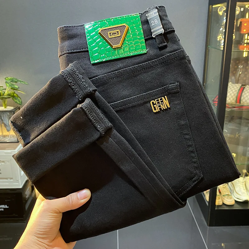 Pantalones vaqueros de lujo para hombre, Vaqueros recortados de marca de moda, de gama alta, informales, ajustados, de corte largo, color negro