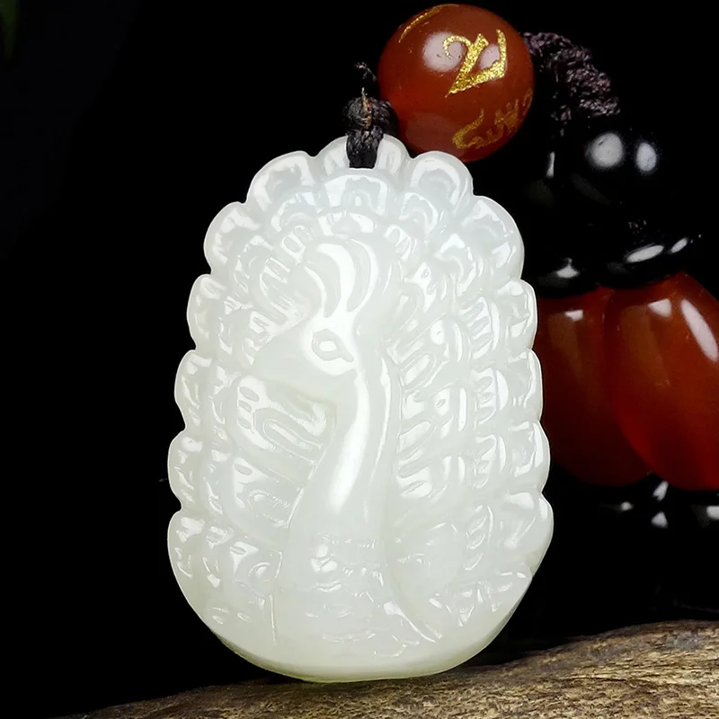 

Hetian Pendant White Jade Peacock Bright Future Hanging Ornament Certificate