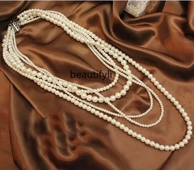 

Pearl Necklace Accessories Pendant Vintage Ornament Multi-Layer Long Pearl Sweater Chain