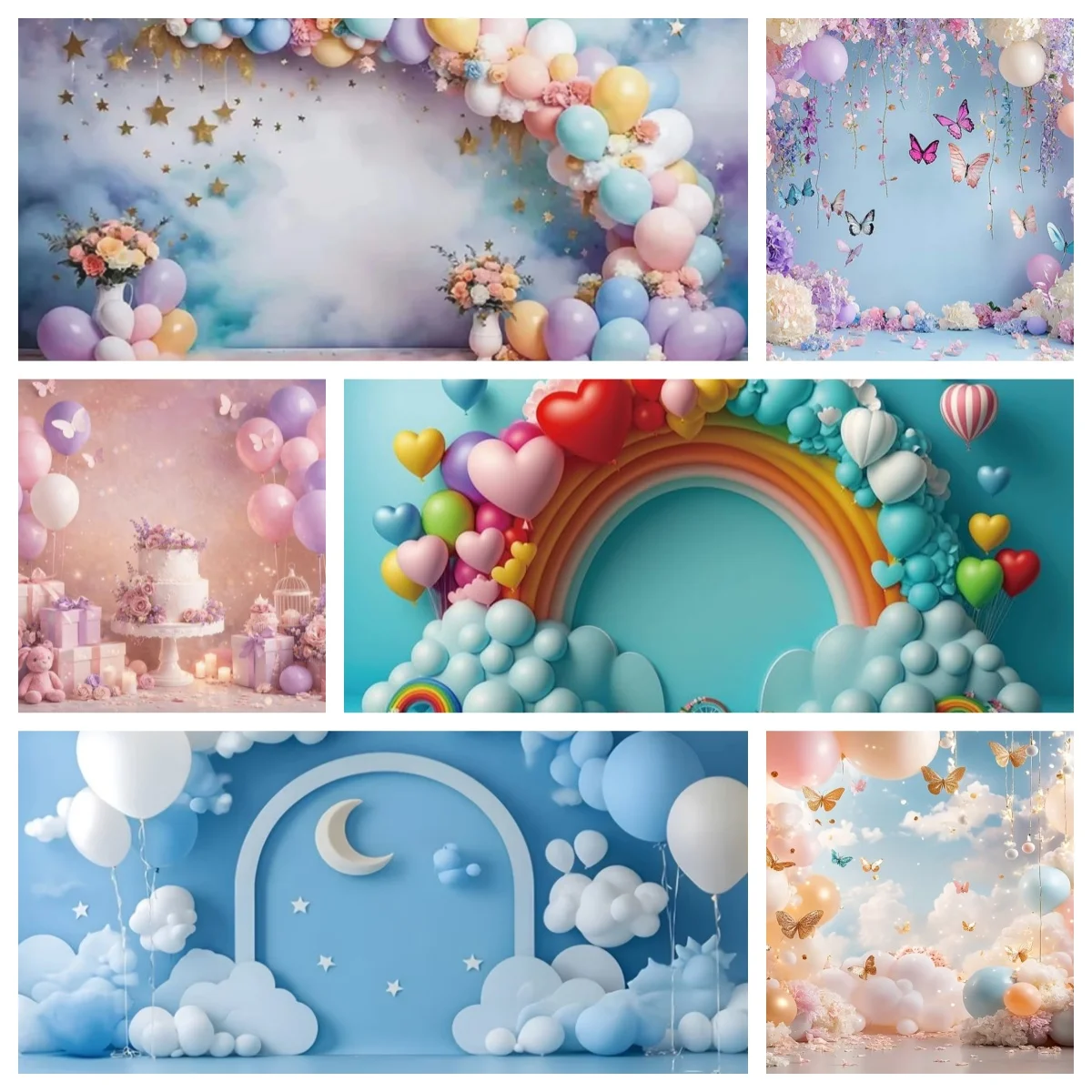 

Happy Birthday Party Theme Background Colorful Balloons Castle Cake Decoration Banner Baby Shower Photography Backdrop Supplies