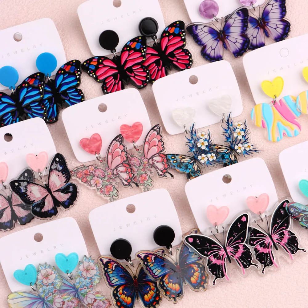 10/12Pairs Fashion Colorful Acrylic Butterfly Dangle Earrings For Women Vintage Floral Printed Mixed Sweet Daily Party Gifts