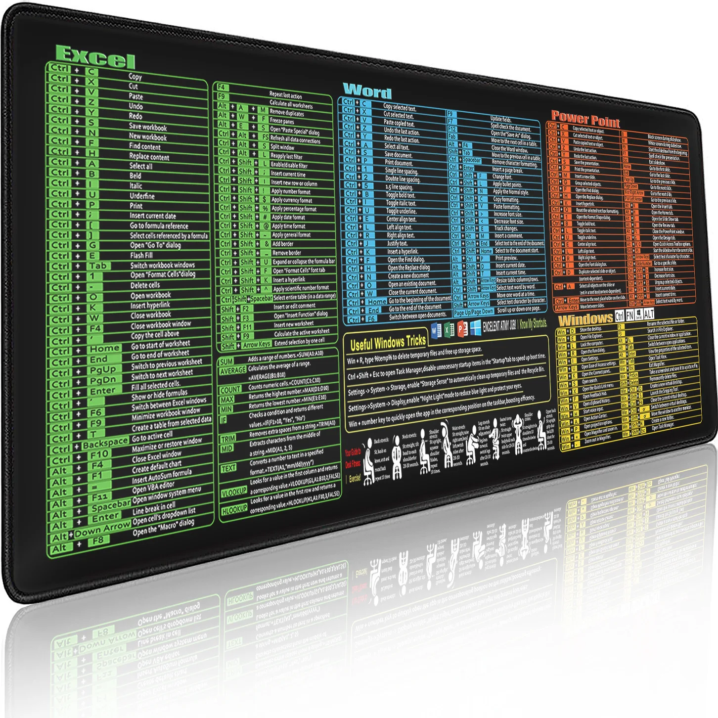 لوحة ماوس Excel/Word/Power Point/Windows XXL، حصيرة مكتب كبيرة غير قابلة للانزلاق لألعاب المكتب أكثر من 200 لوحة ماوس اختصارات لوحة المفاتيح #1