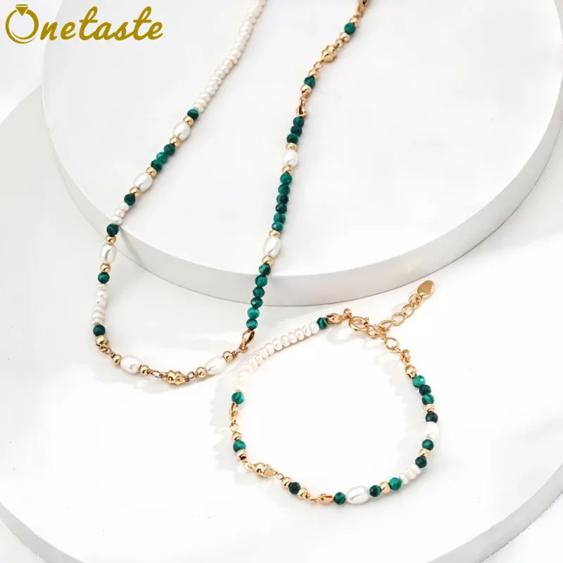 

Ювелирные наборы из серебра 925 пробы с 18-каратным золотом, малахитом и жемчугом: изящное модное украшение для женщин, включающее многослойное ожерелье и браслет, в качестве подарка.